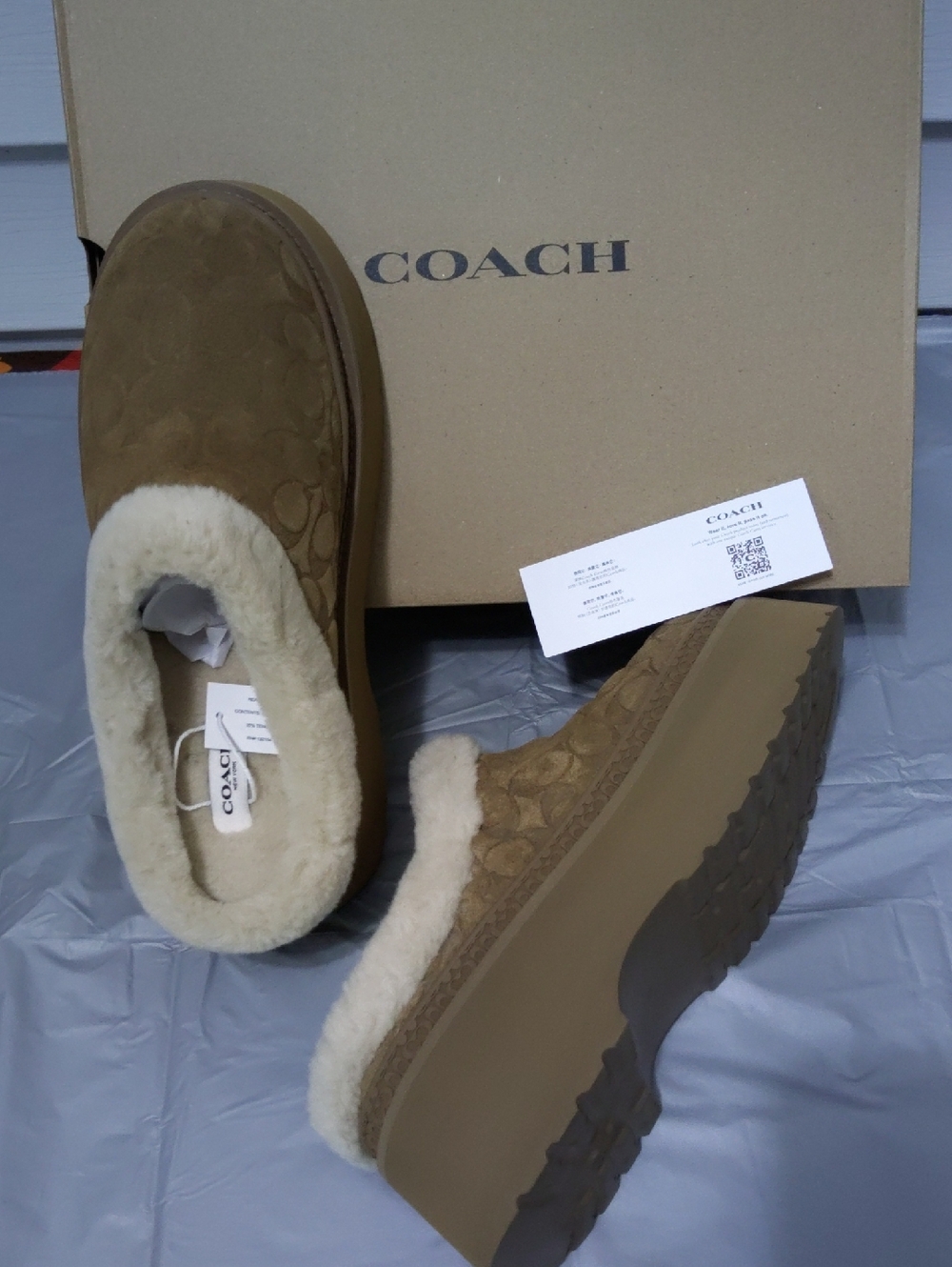Coach Tan Suede Mule Clogs with Cream Shearling Trim